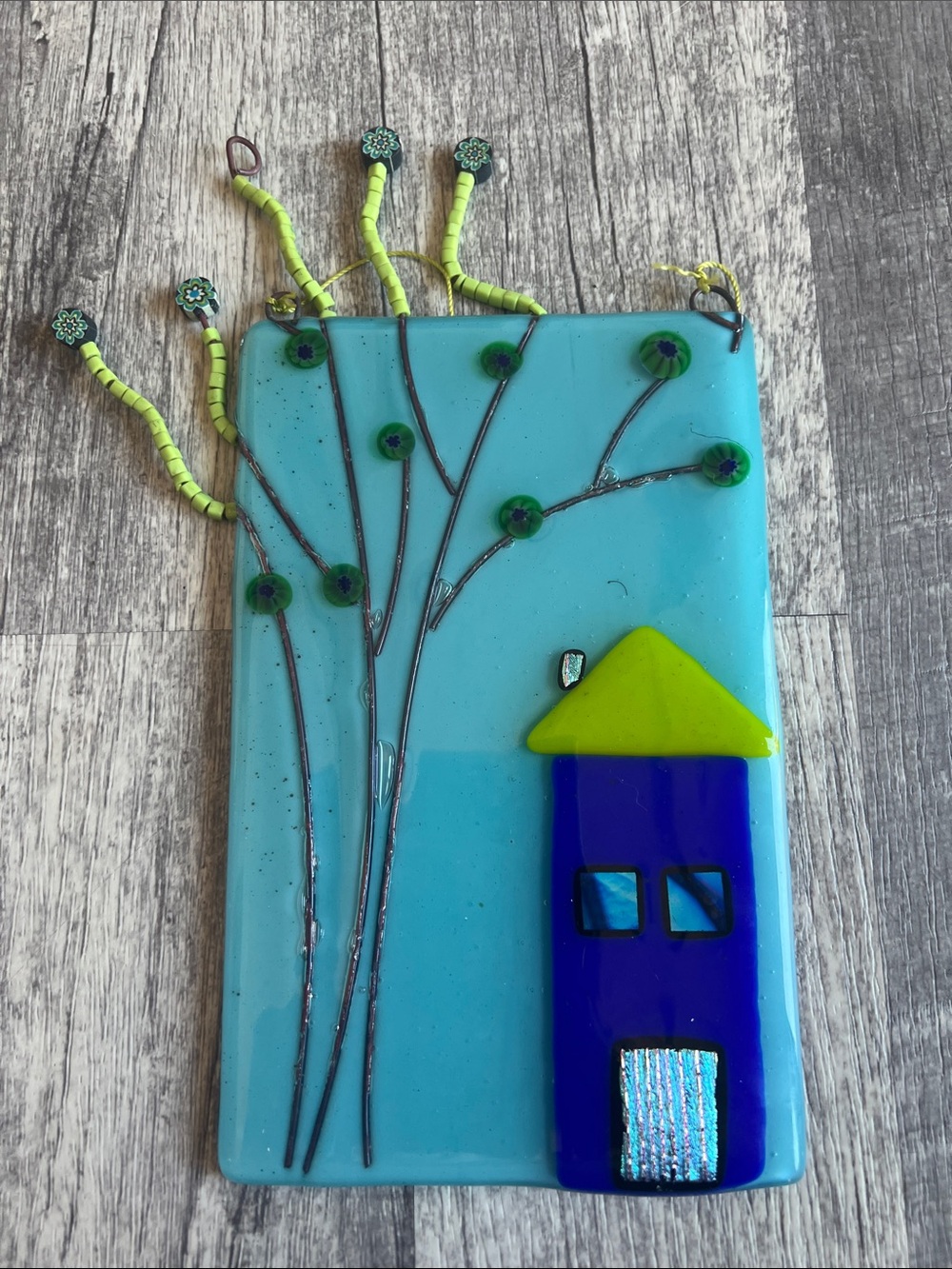 Handmade Fused Glass Wall Plaque Whimsical Blue House Tree Suncatcher Art 8x5